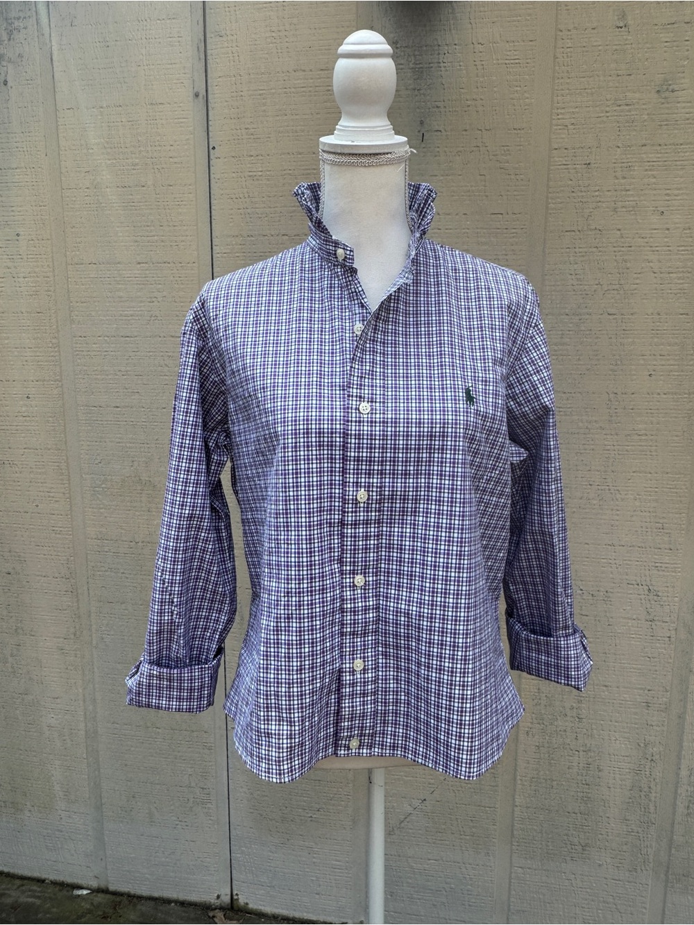 Ralph Lauren Refashioned Purple Green White Plaid Ruffle Collar Crop Button-Down
